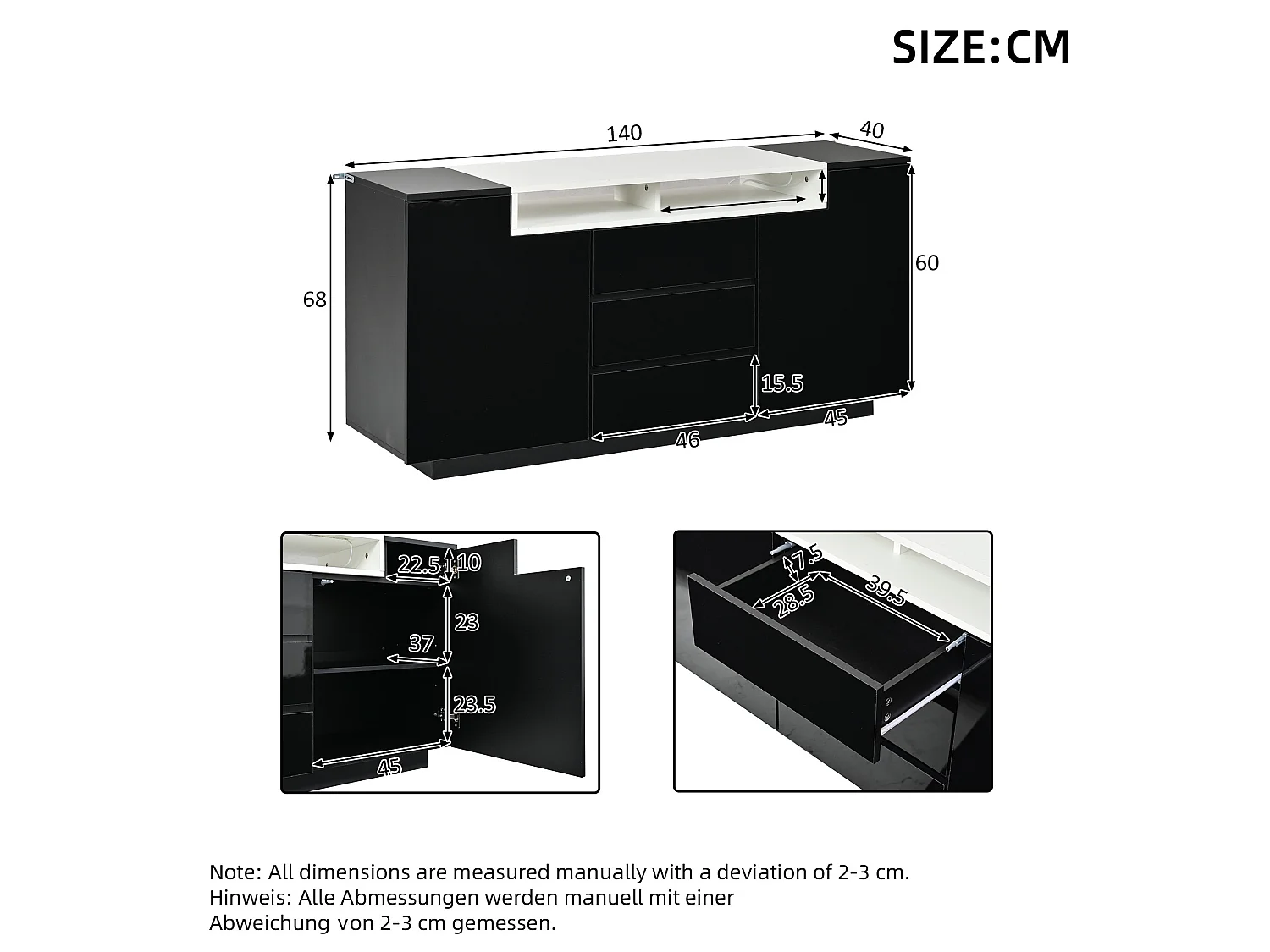 Dressoir met 2 L-vormige deuren, LED-verlichting en 3 lades - Glanzend zwarte afwerking