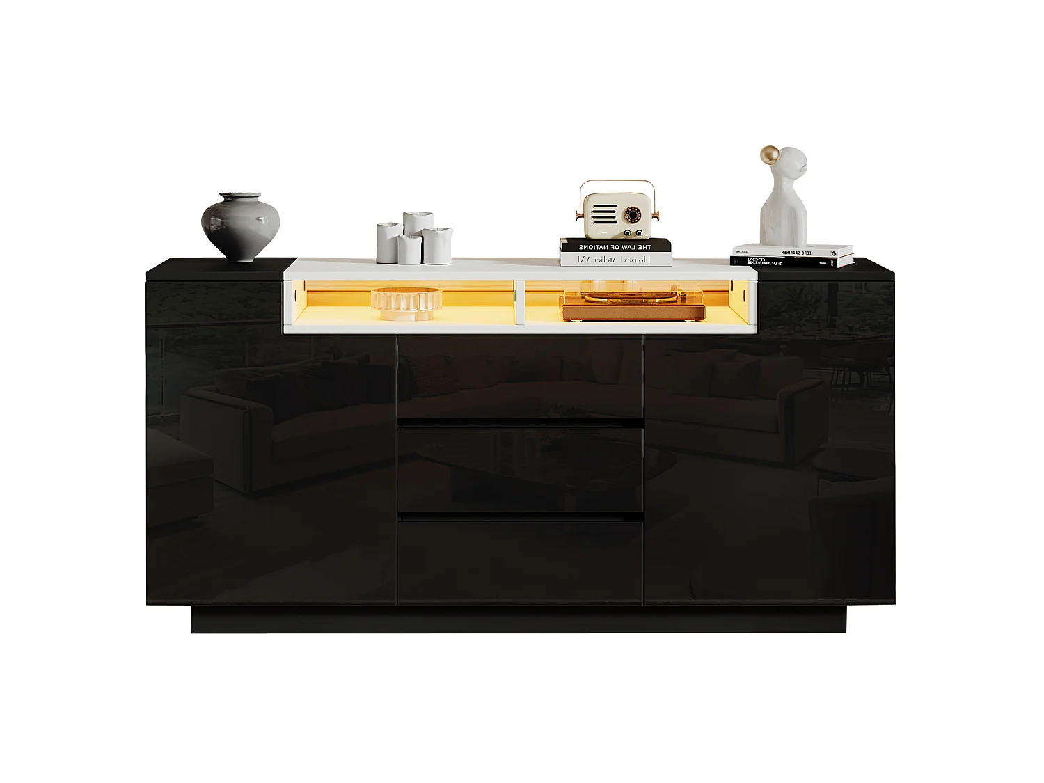 Dressoir met 2 L-vormige deuren, LED-verlichting en 3 lades - Glanzend zwarte afwerking