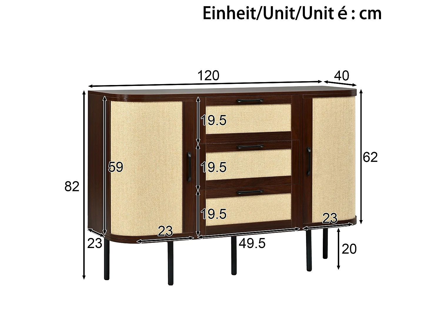 Buffet en MDF avec 2 portes et 3 tiroirs - Marron