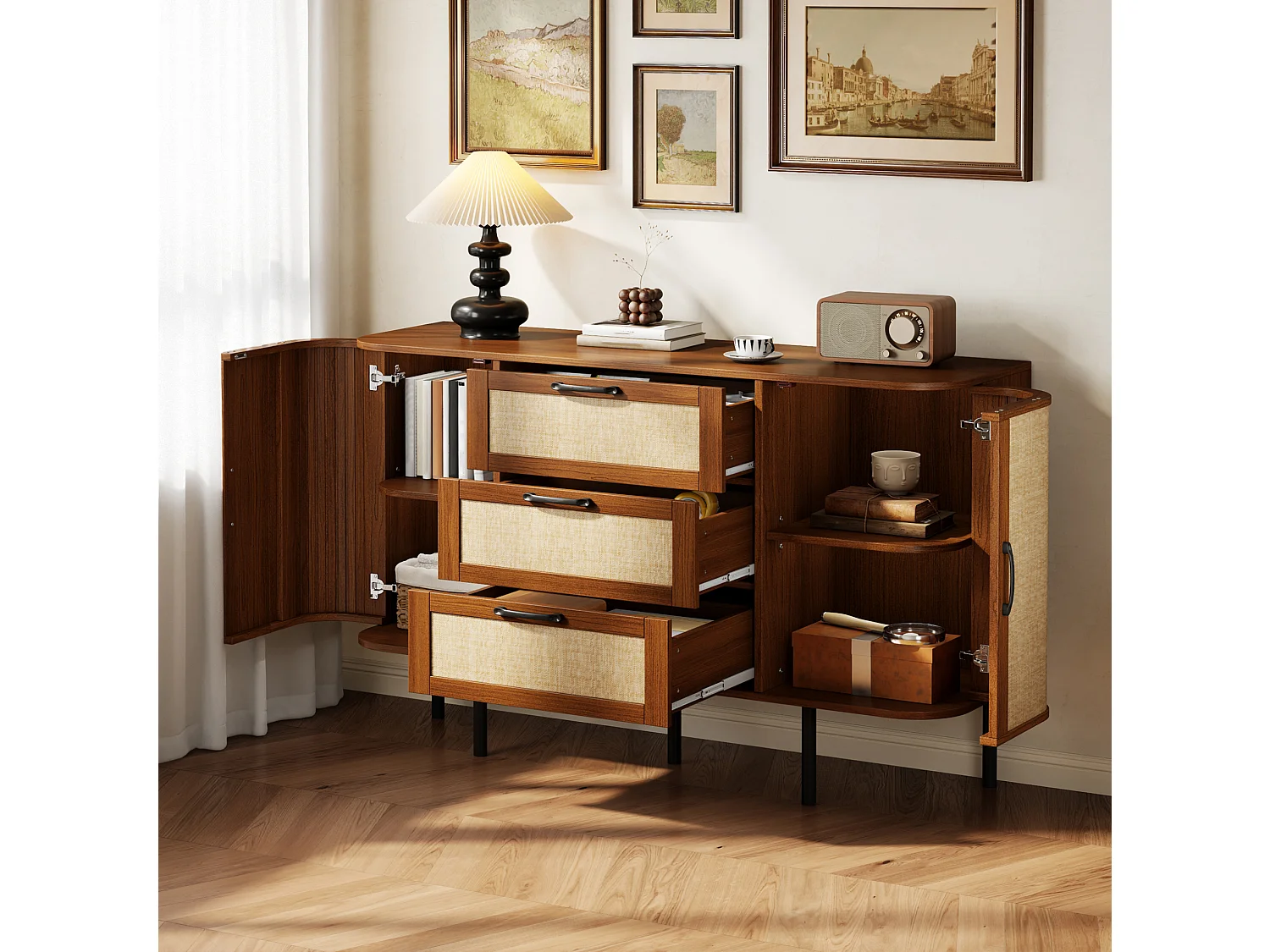 Buffet en MDF avec 2 portes et 3 tiroirs - Marron