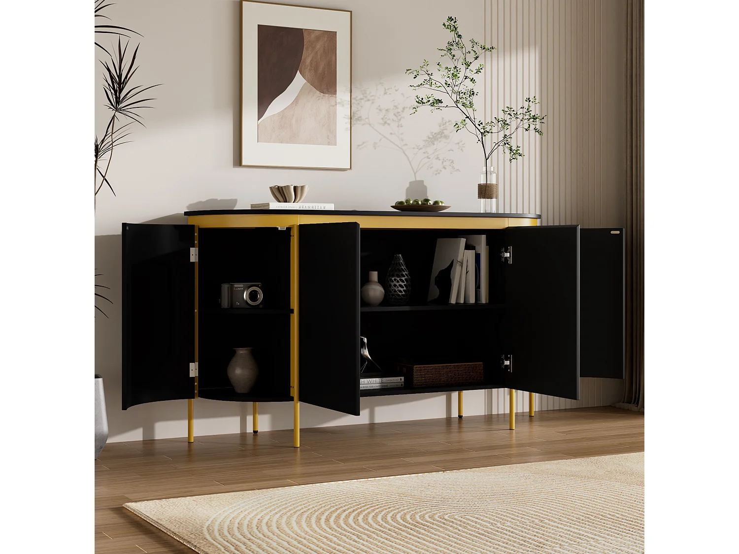 Buffet com 4 portas e sistema de organização de cabos – Preto