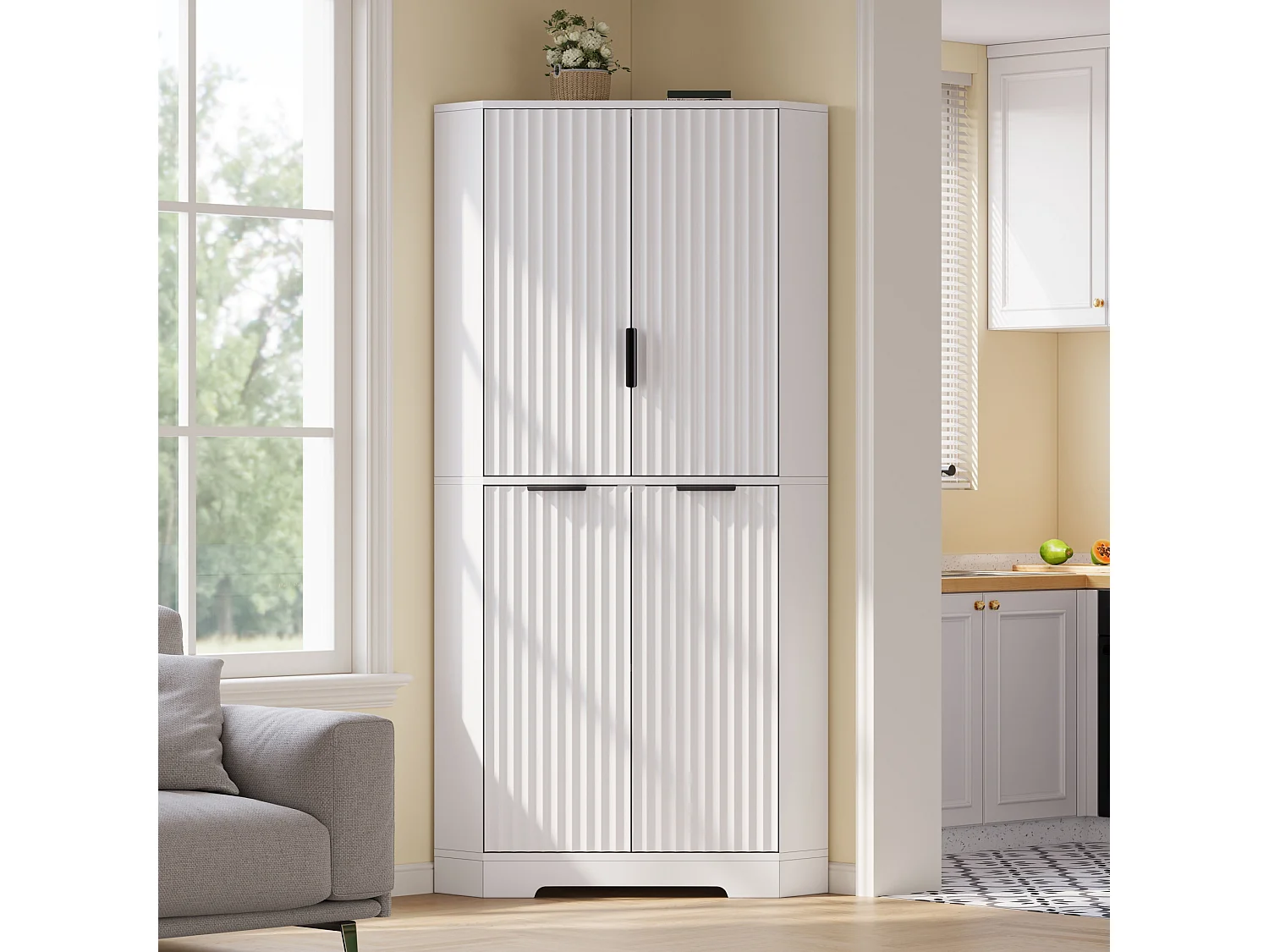 Buffet d'angle avec 4 portes et étagères réglables - Blanc 60 × 60 × 172 cm