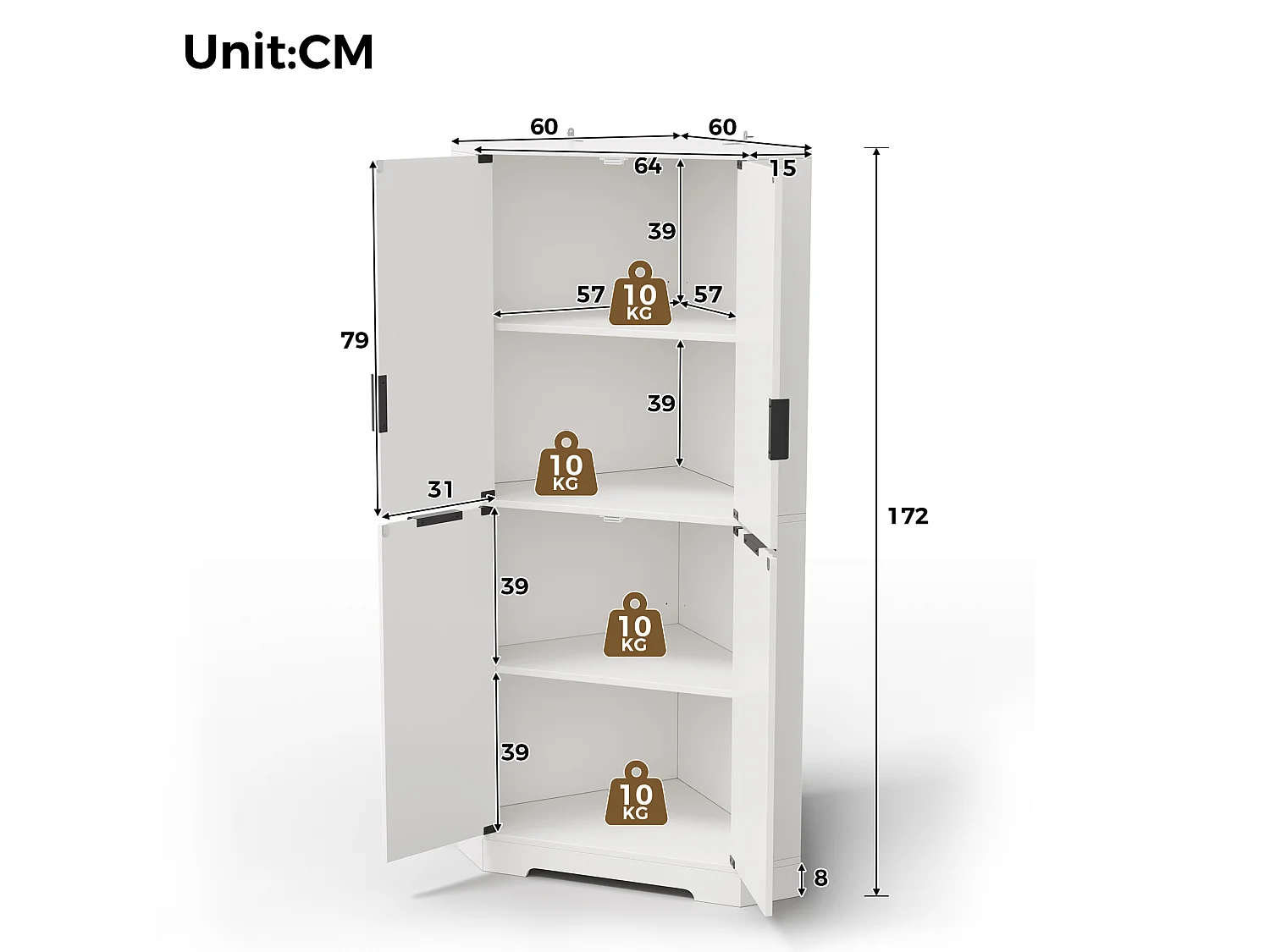 Buffet d'angle avec 4 portes et étagères réglables - Blanc 60 × 60 × 172 cm