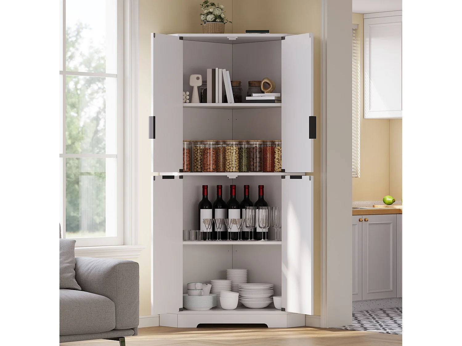 Buffet d'angle avec 4 portes et étagères réglables - Blanc 60 × 60 × 172 cm