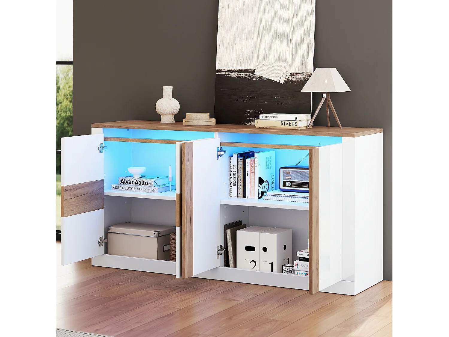 Buffet en MDF avec 4 portes et éclairage LED - Aspect chêne et blanc brillant