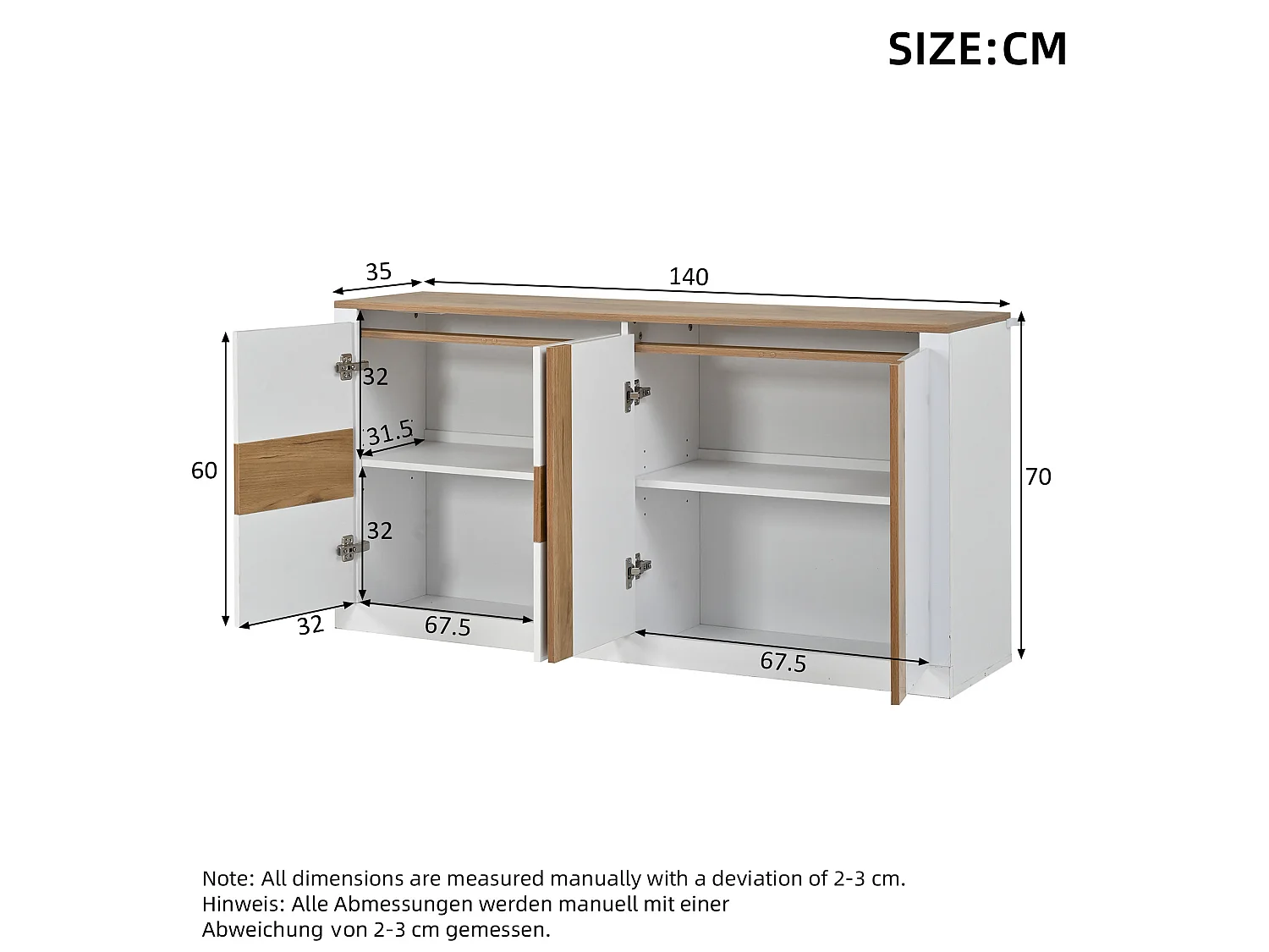 Buffet en MDF avec 4 portes et éclairage LED - Aspect chêne et blanc brillant