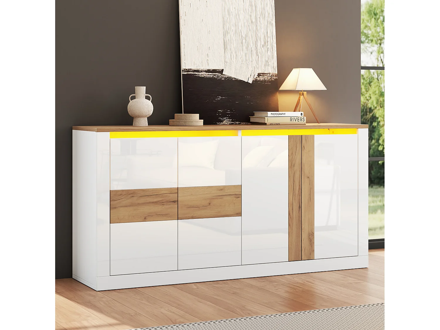 Buffet en MDF avec 4 portes et éclairage LED - Aspect chêne et blanc brillant
