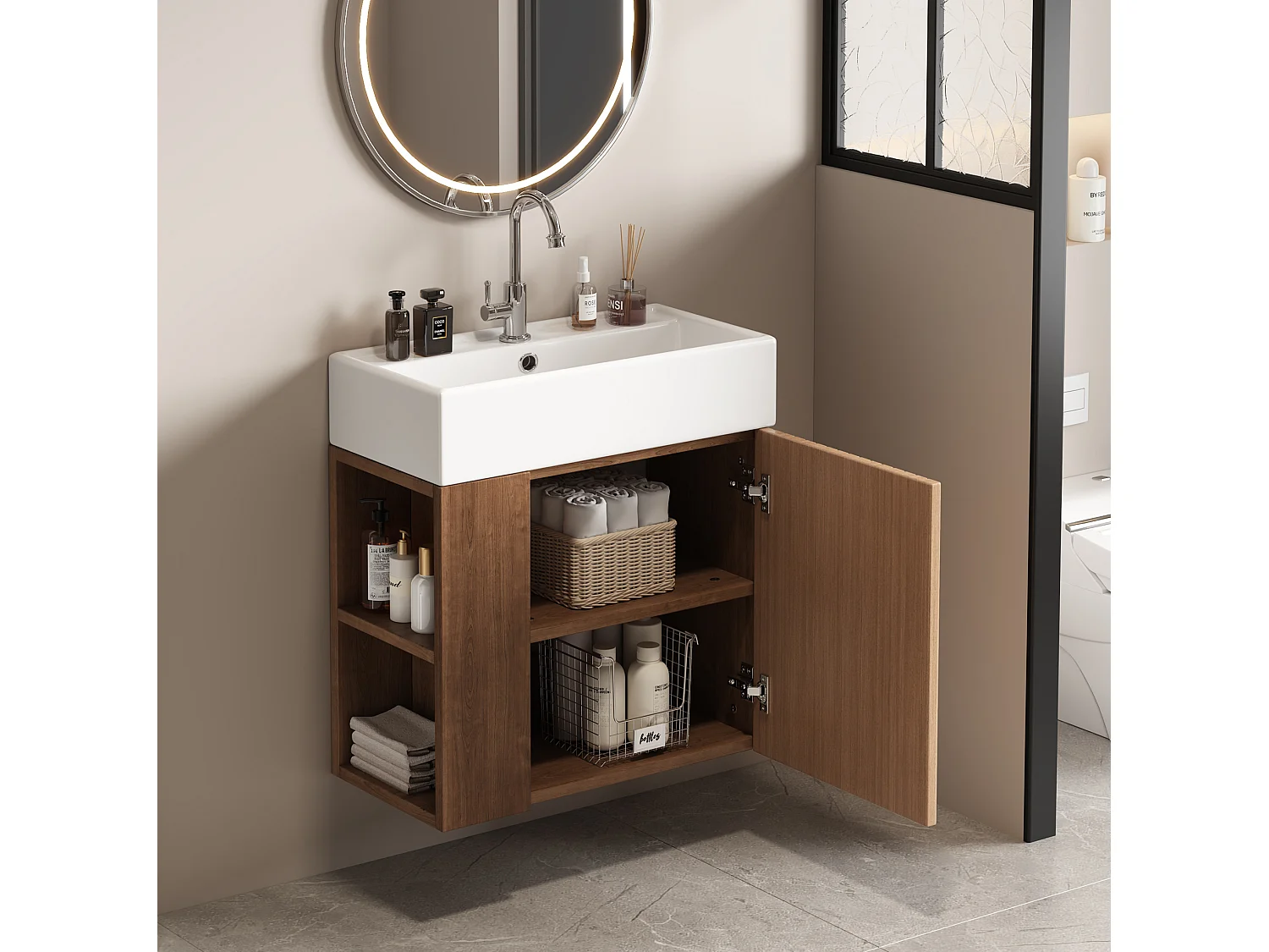 Meuble de salle de bain suspendu avec vasque à encastrer - Marron - 55 cm