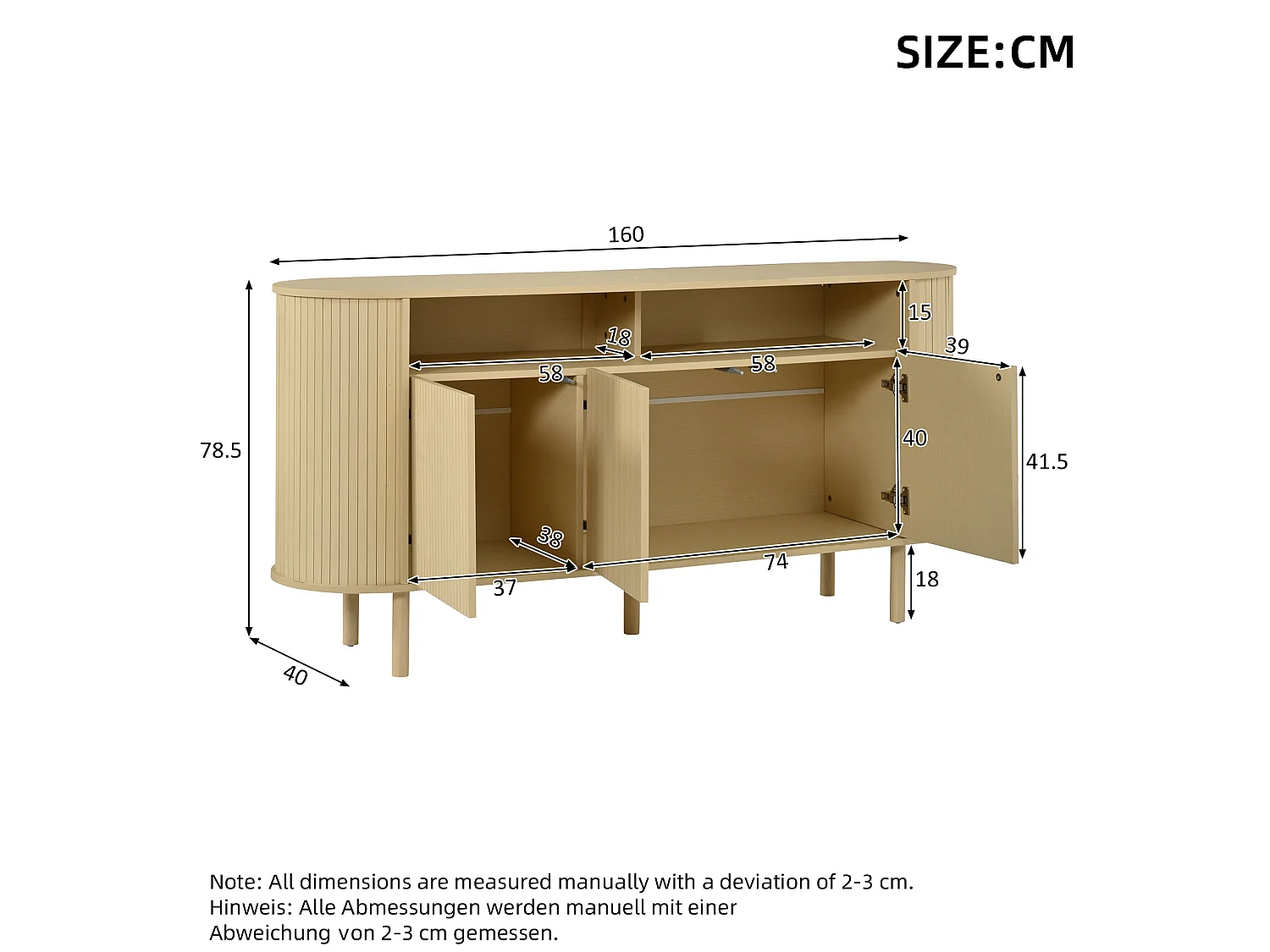 Skänk 160×40×78,5 cm med 3 dörrar - Ljus naturfärg