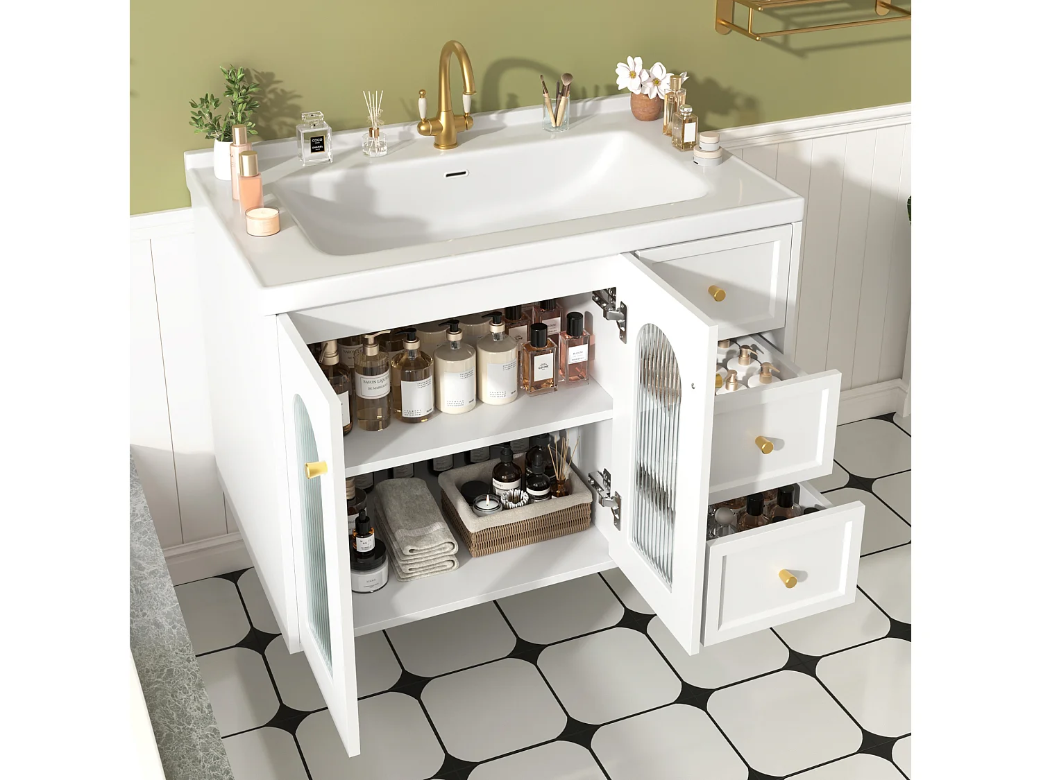 Meuble de salle de bain suspendu avec 2 tiroirs et vasque en céramique - Blanc - 80 cm