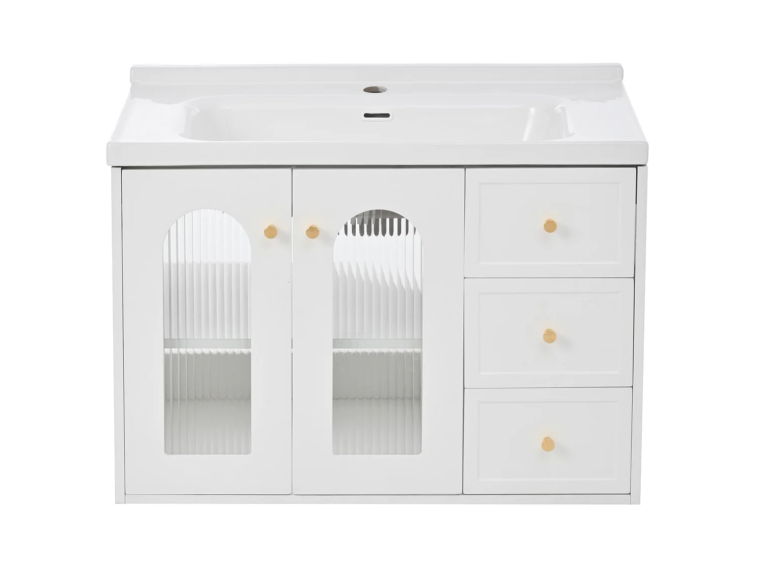 Meuble de salle de bain suspendu avec 2 tiroirs et vasque en céramique - Blanc - 80 cm