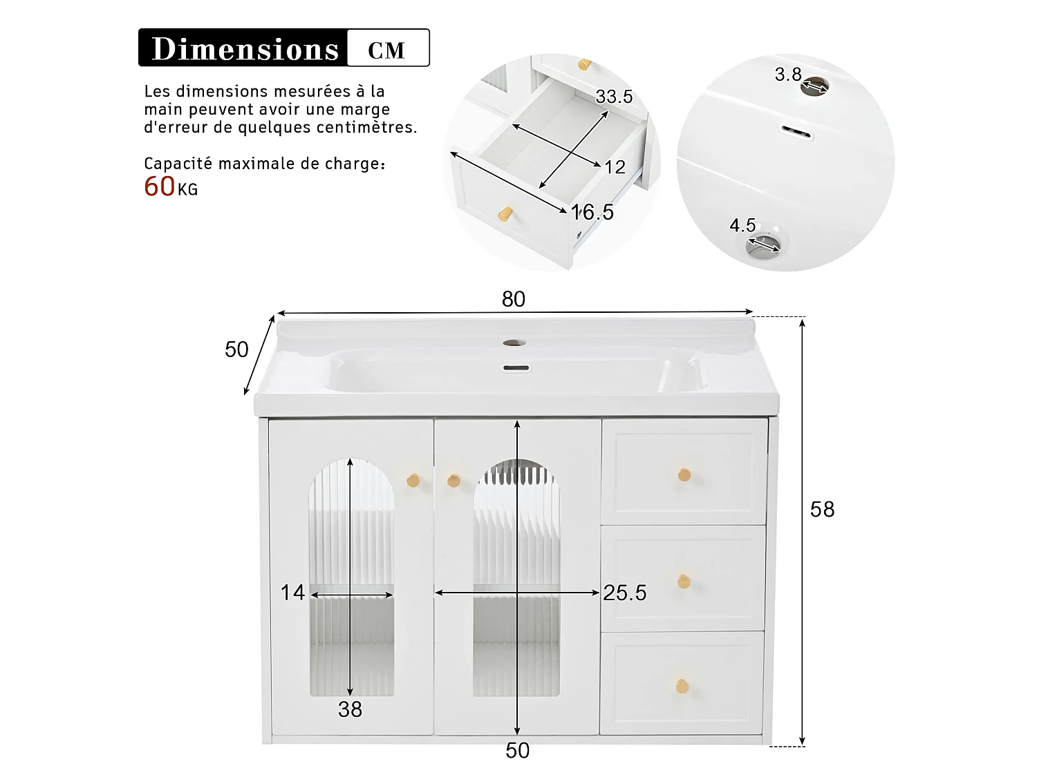 Meuble de salle de bain suspendu avec 2 tiroirs et vasque en céramique - Blanc - 80 cm