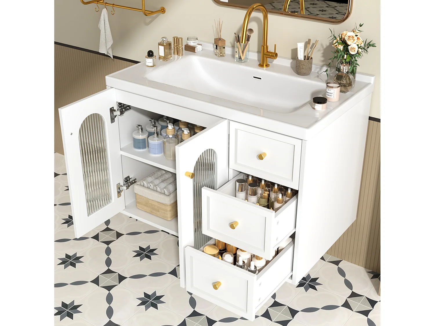 Meuble de salle de bain suspendu avec 2 tiroirs et vasque en céramique - Blanc - 80 cm