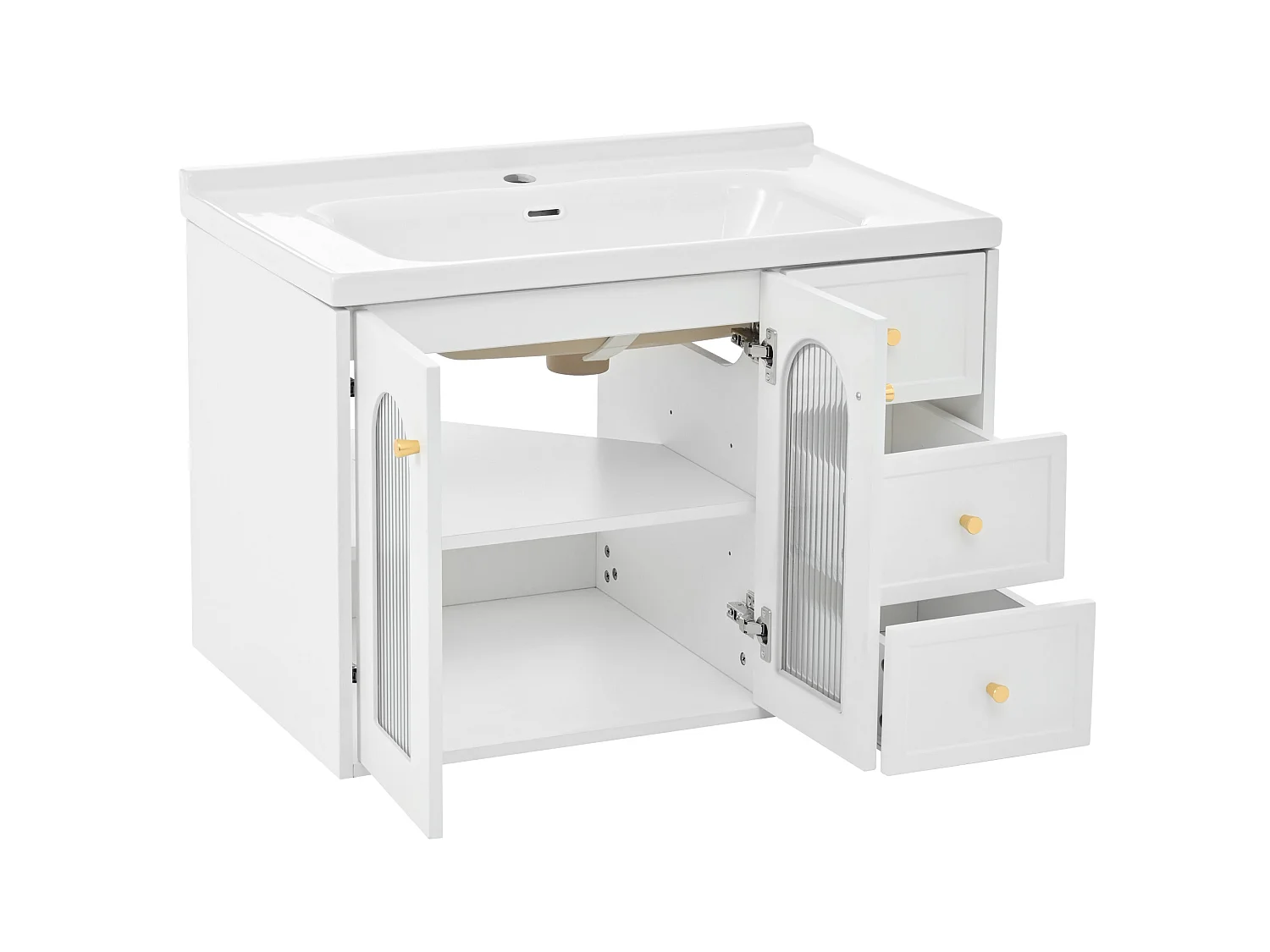 Meuble de salle de bain suspendu avec 2 tiroirs et vasque en céramique - Blanc - 80 cm