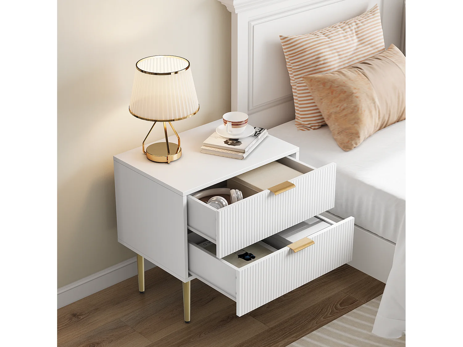 Table de chevet avec motif ondulé et 2 tiroirs - Blanc