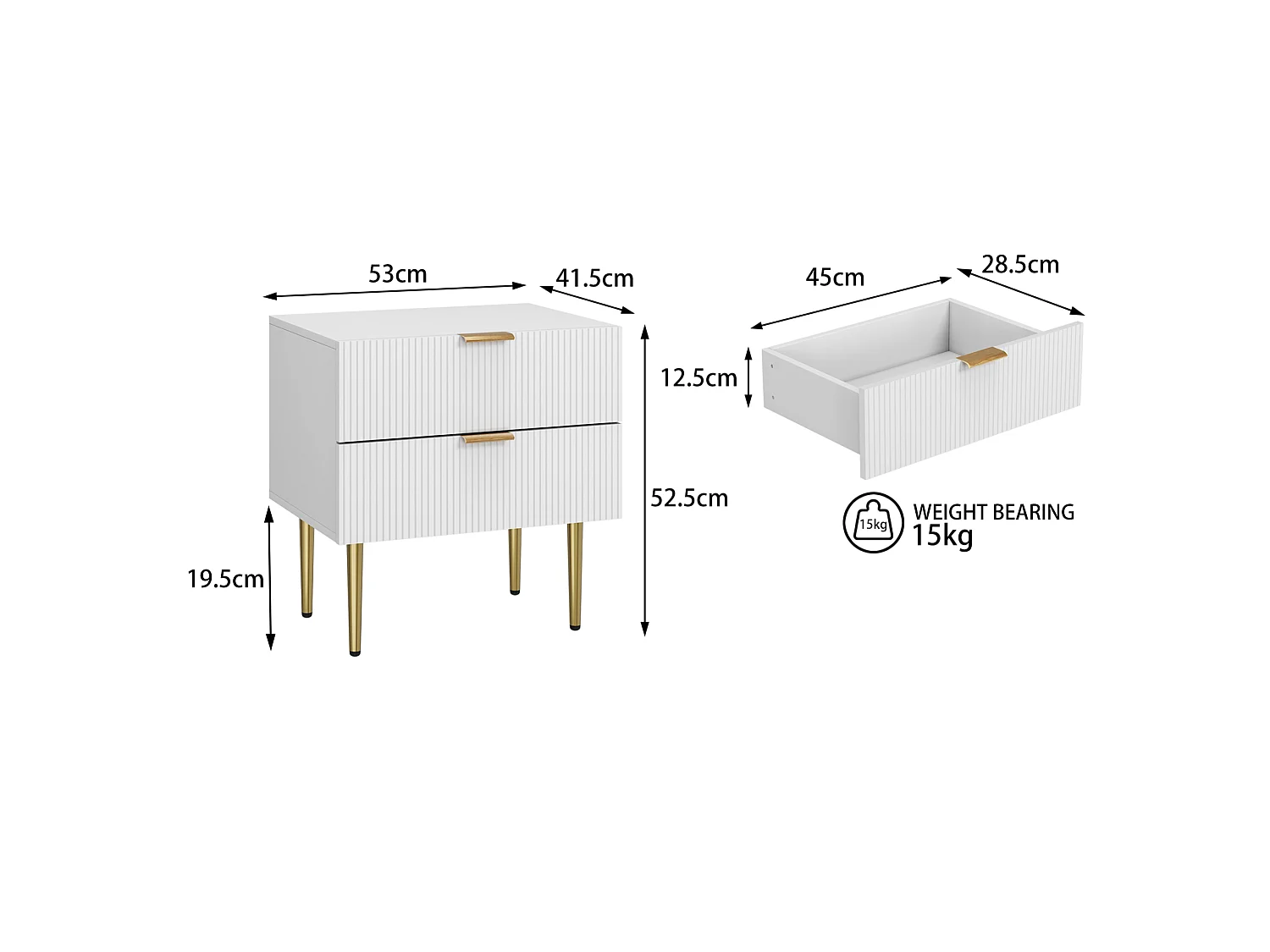 Table de chevet avec motif ondulé et 2 tiroirs - Blanc