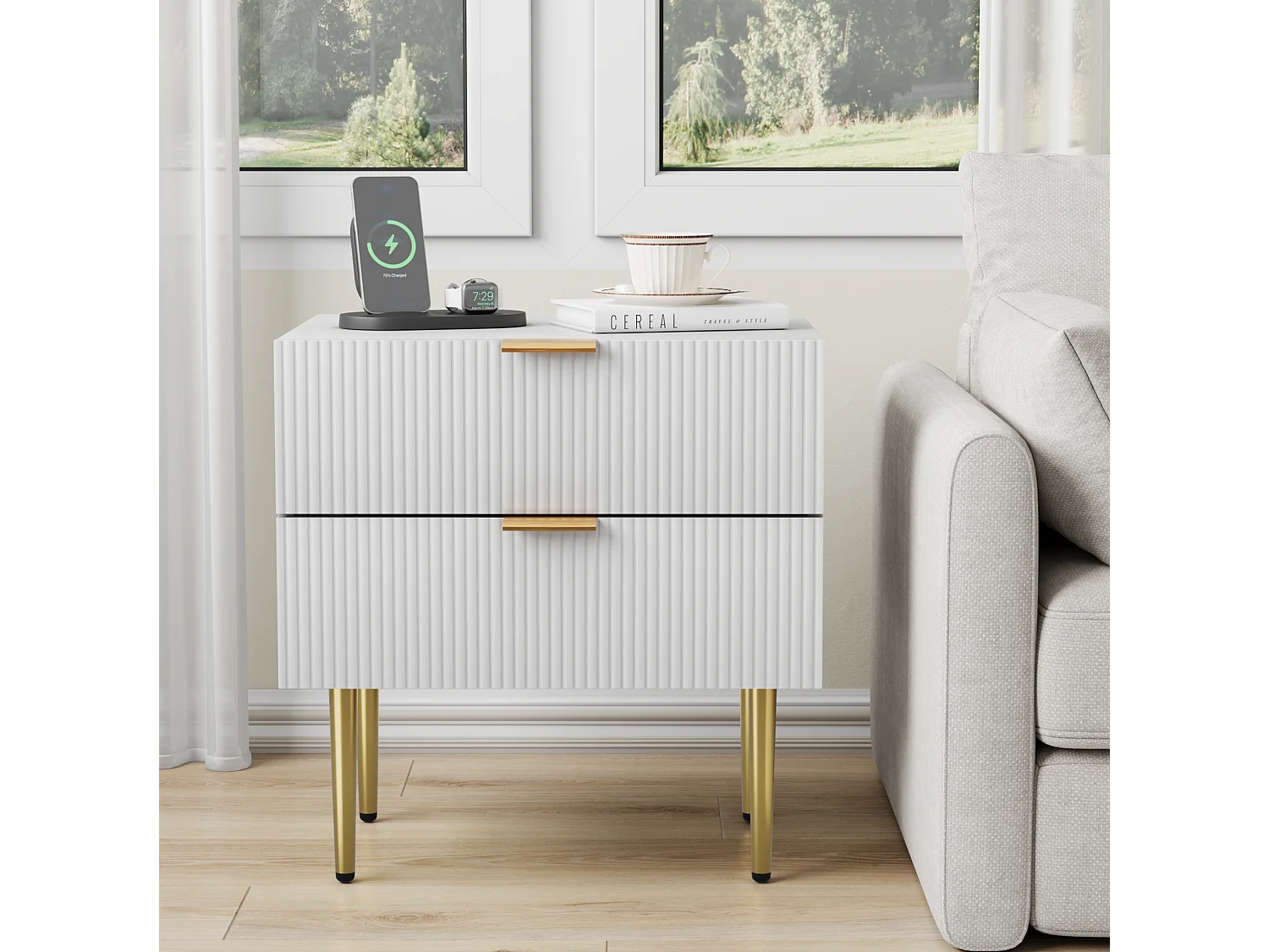 Table de chevet avec motif ondulé et 2 tiroirs - Blanc