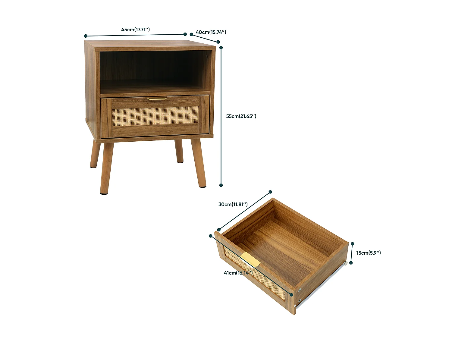 Table de chevet en rotin avec étagère et tiroir - Marron