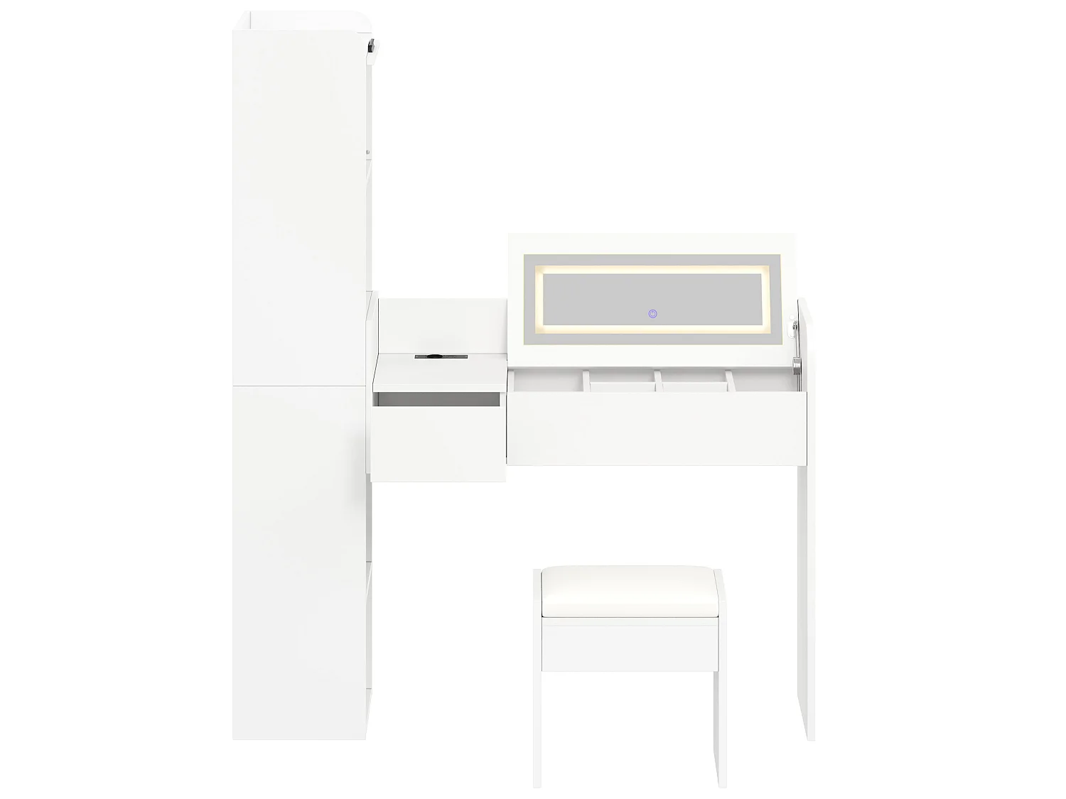 Coiffeuse avec miroir LED ,tabouret et port USB - Blanc