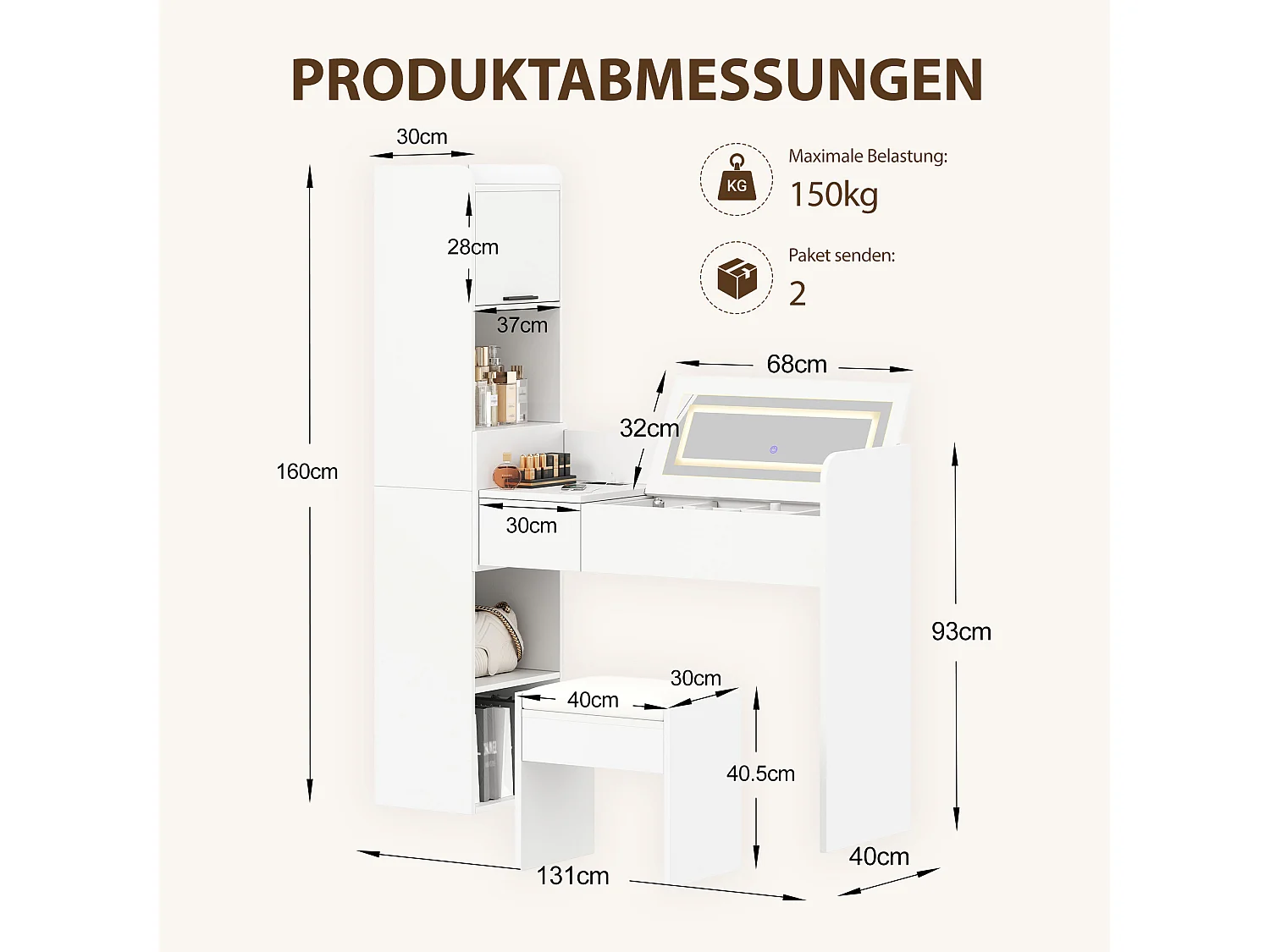Coiffeuse avec miroir LED ,tabouret et port USB - Blanc