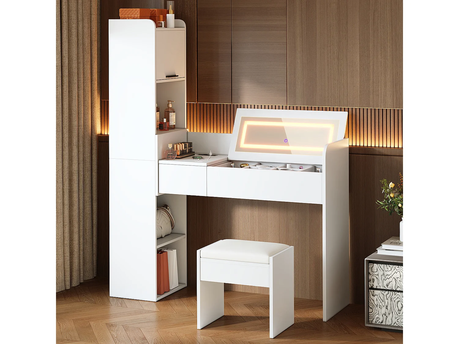 Coiffeuse avec miroir LED ,tabouret et port USB - Blanc