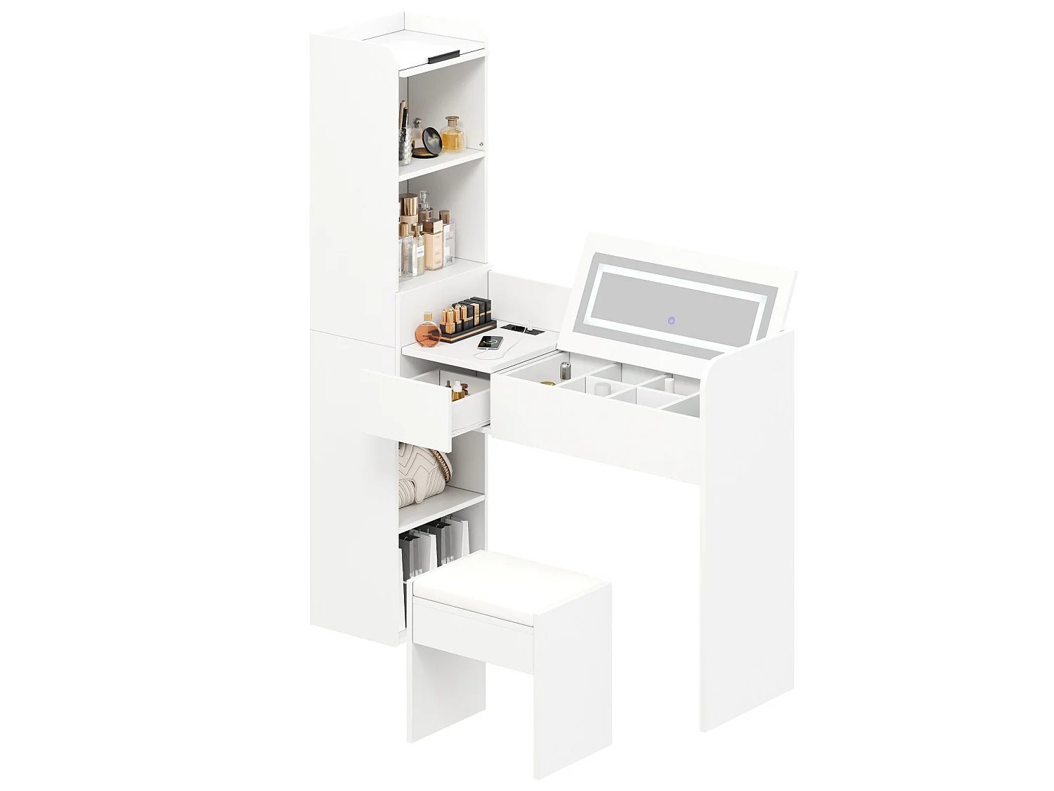 Coiffeuse avec miroir LED ,tabouret et port USB - Blanc
