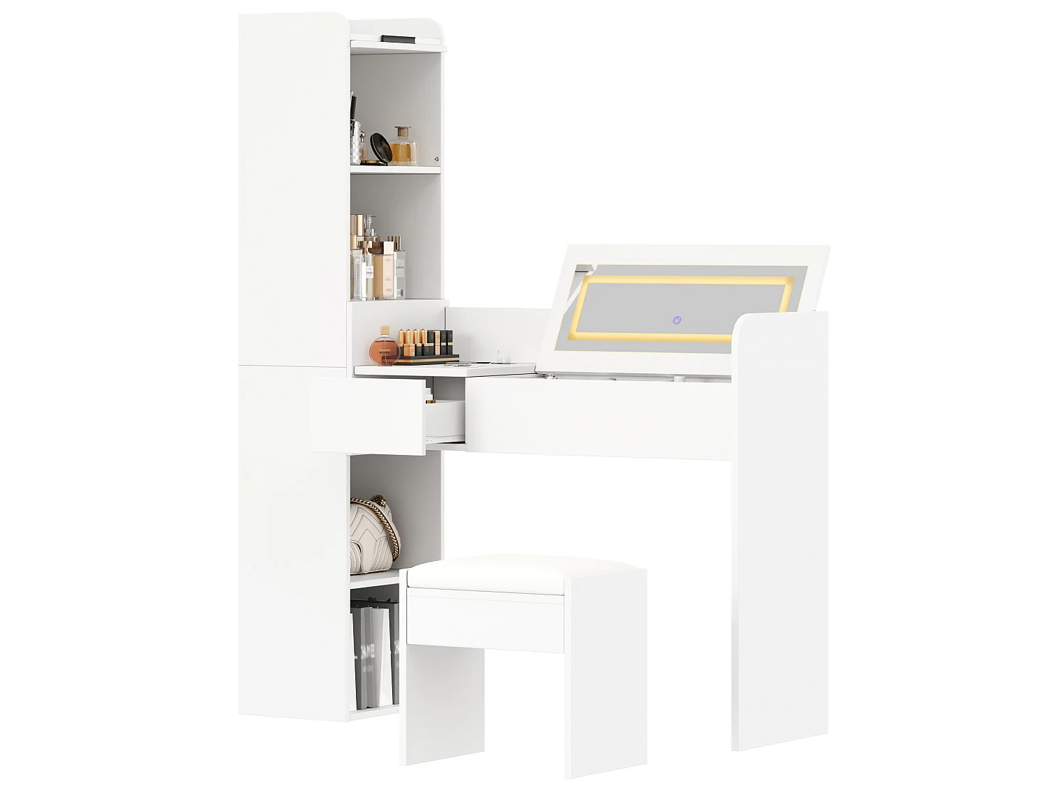 Coiffeuse avec miroir LED ,tabouret et port USB - Blanc