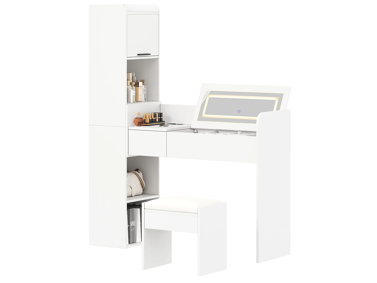 Coiffeuse avec miroir LED ,tabouret et port USB - Blanc