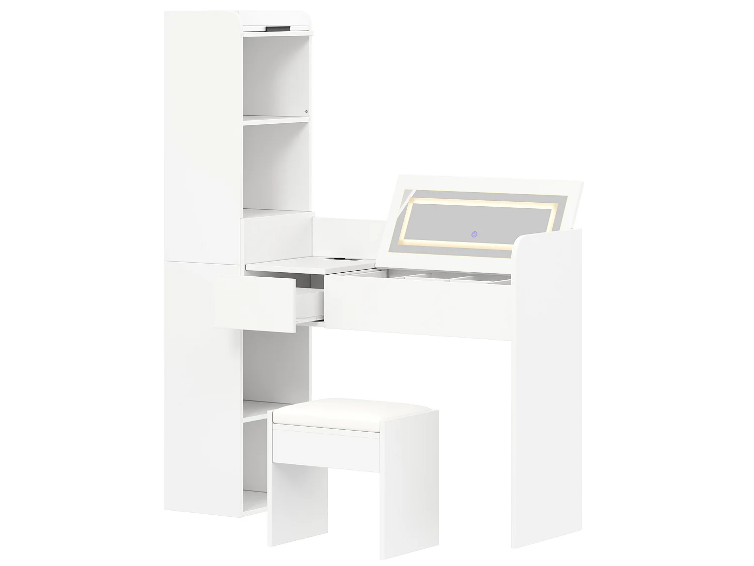 Coiffeuse avec miroir LED ,tabouret et port USB - Blanc