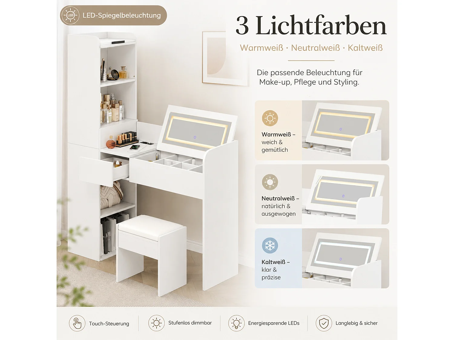 Coiffeuse avec miroir LED ,tabouret et port USB - Blanc