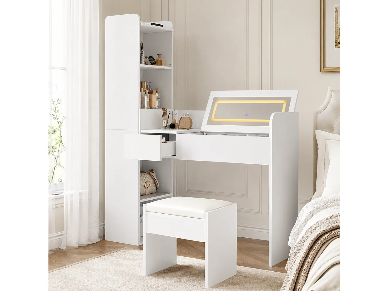 Coiffeuse avec miroir LED ,tabouret et port USB - Blanc