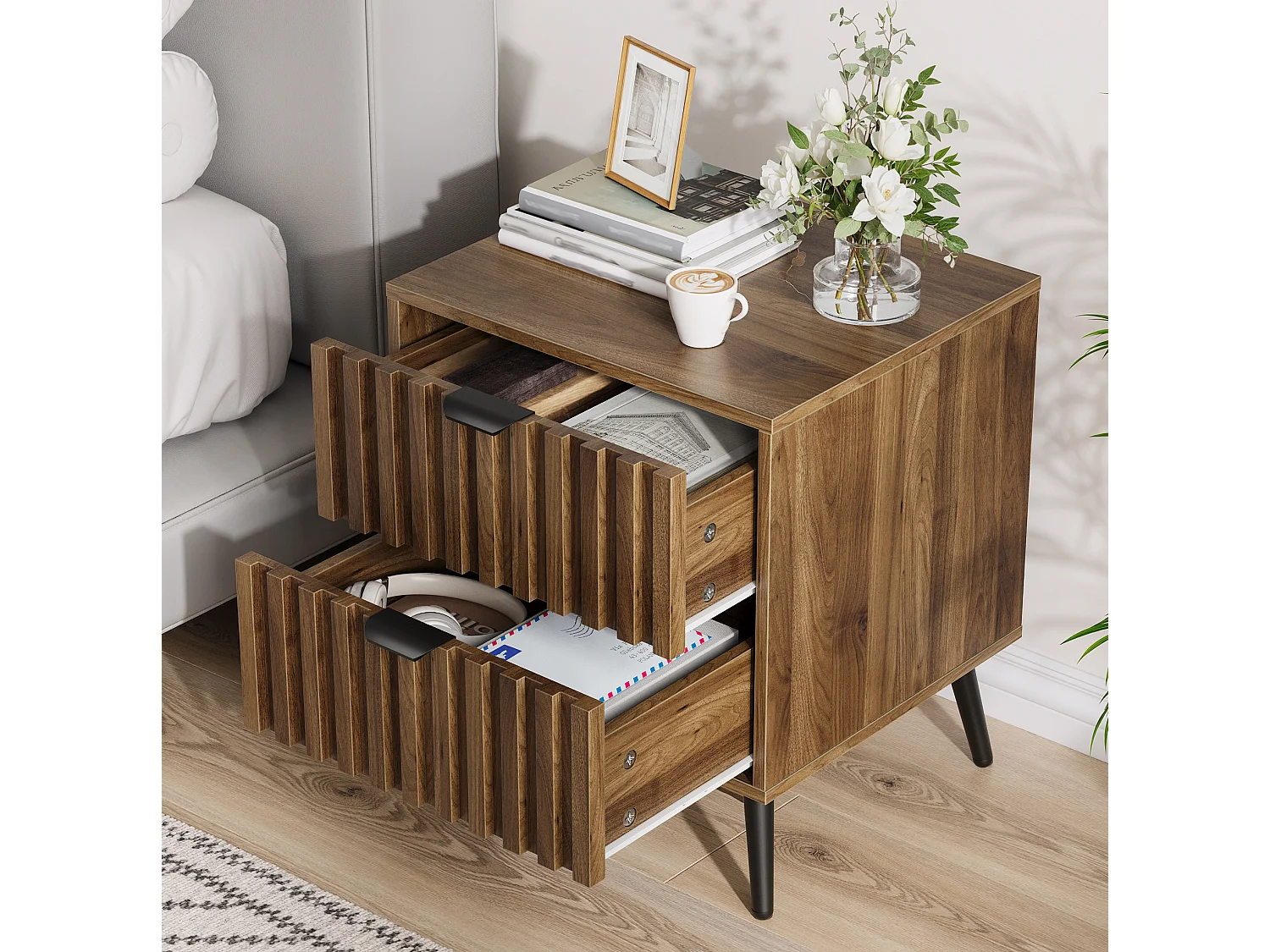 Table de chevet moderne avec 2 tiroirs - Marron 45 x 40 x 53 cm