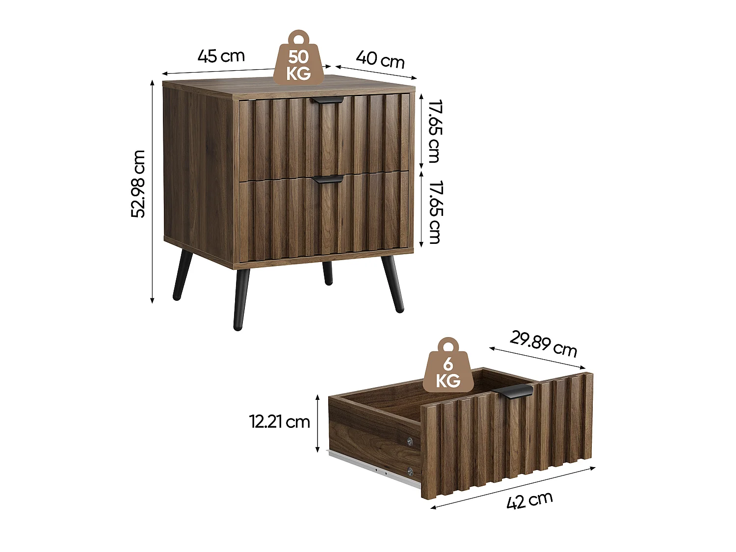 Table de chevet moderne avec 2 tiroirs - Marron 45 x 40 x 53 cm