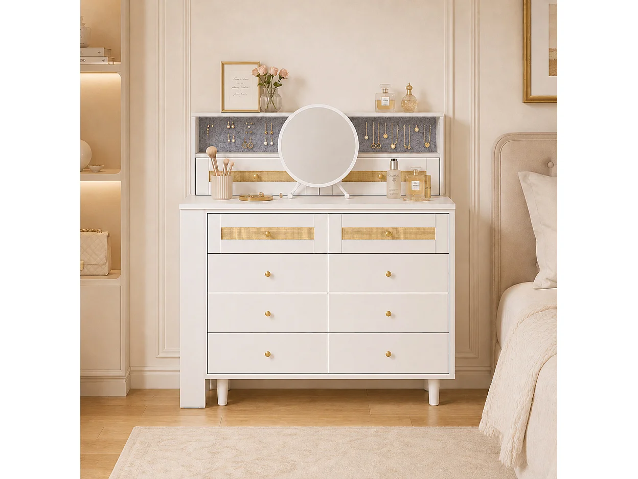 Coiffeuse avec miroir, 10 tiroirs et plateau pivotant - Blanc