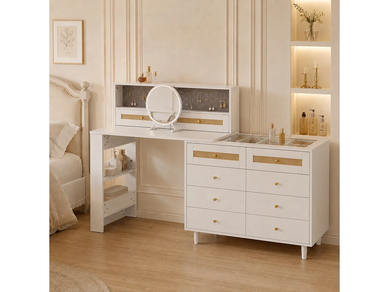 Coiffeuse avec miroir, 10 tiroirs et plateau pivotant - Blanc