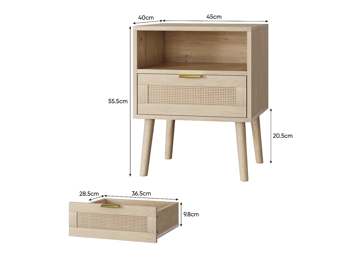 Table de chevet en rotin avec étagère et tiroir - Naturel clair