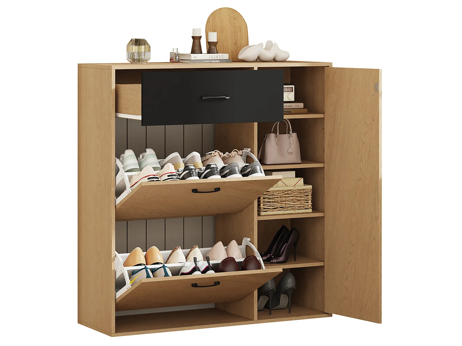 Meuble à chaussures étroit avec 3 portes et 1 tiroir - Ccouleur bois et noir