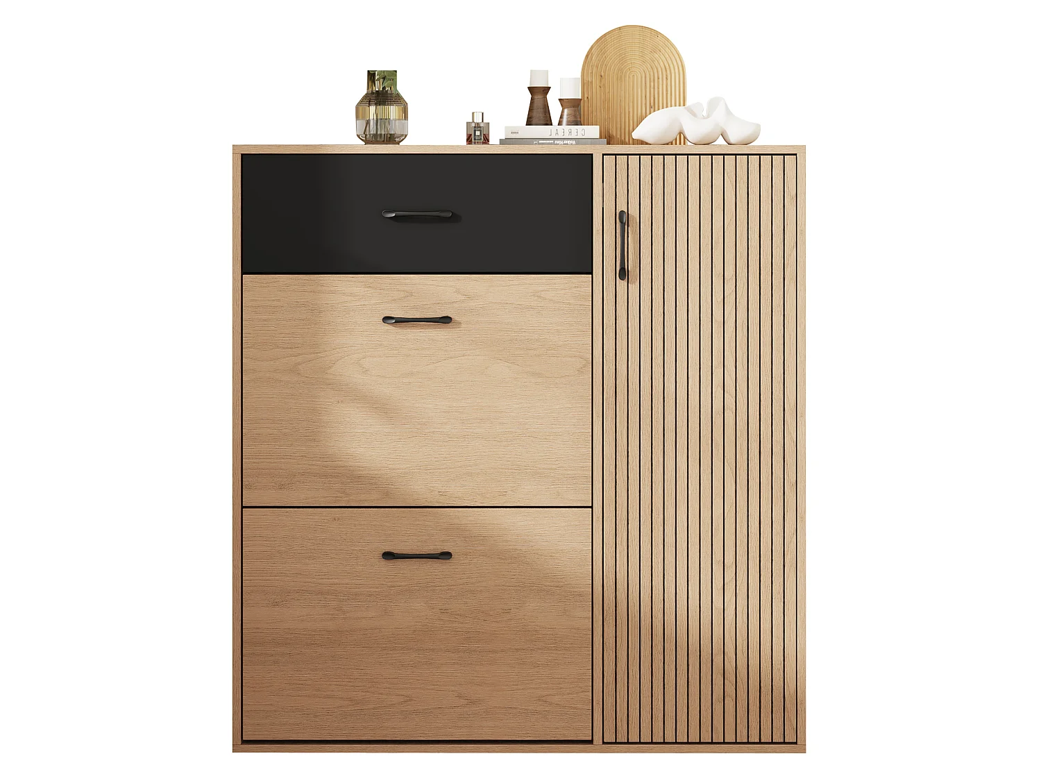 Meuble à chaussures étroit avec 3 portes et 1 tiroir - Ccouleur bois et noir