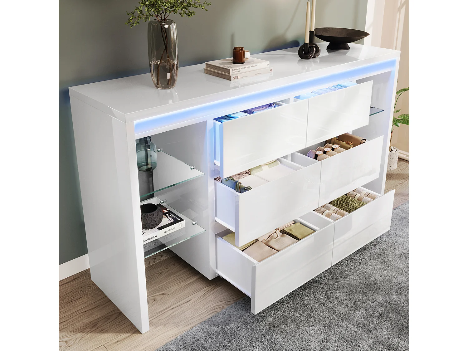 Hoogglanzende ladekast met ledverlichting, 6 laden en 4 glazen planken – Wit