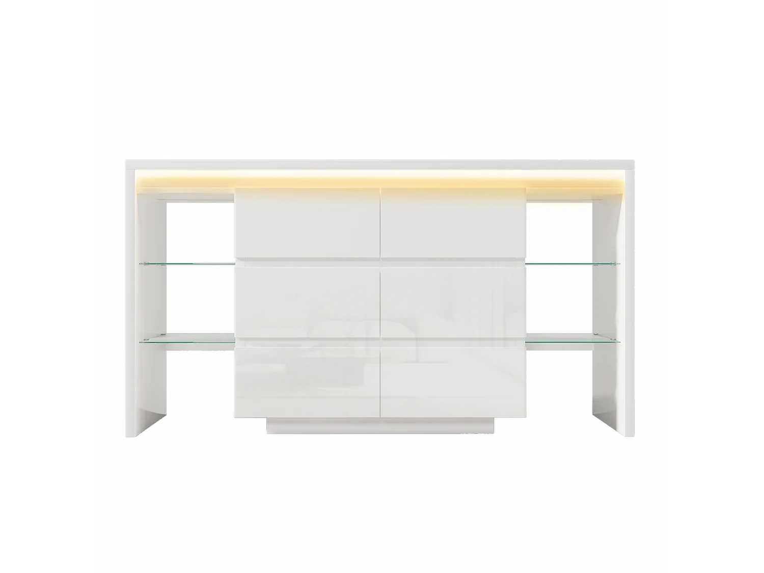 Hoogglanzende ladekast met ledverlichting, 6 laden en 4 glazen planken – Wit