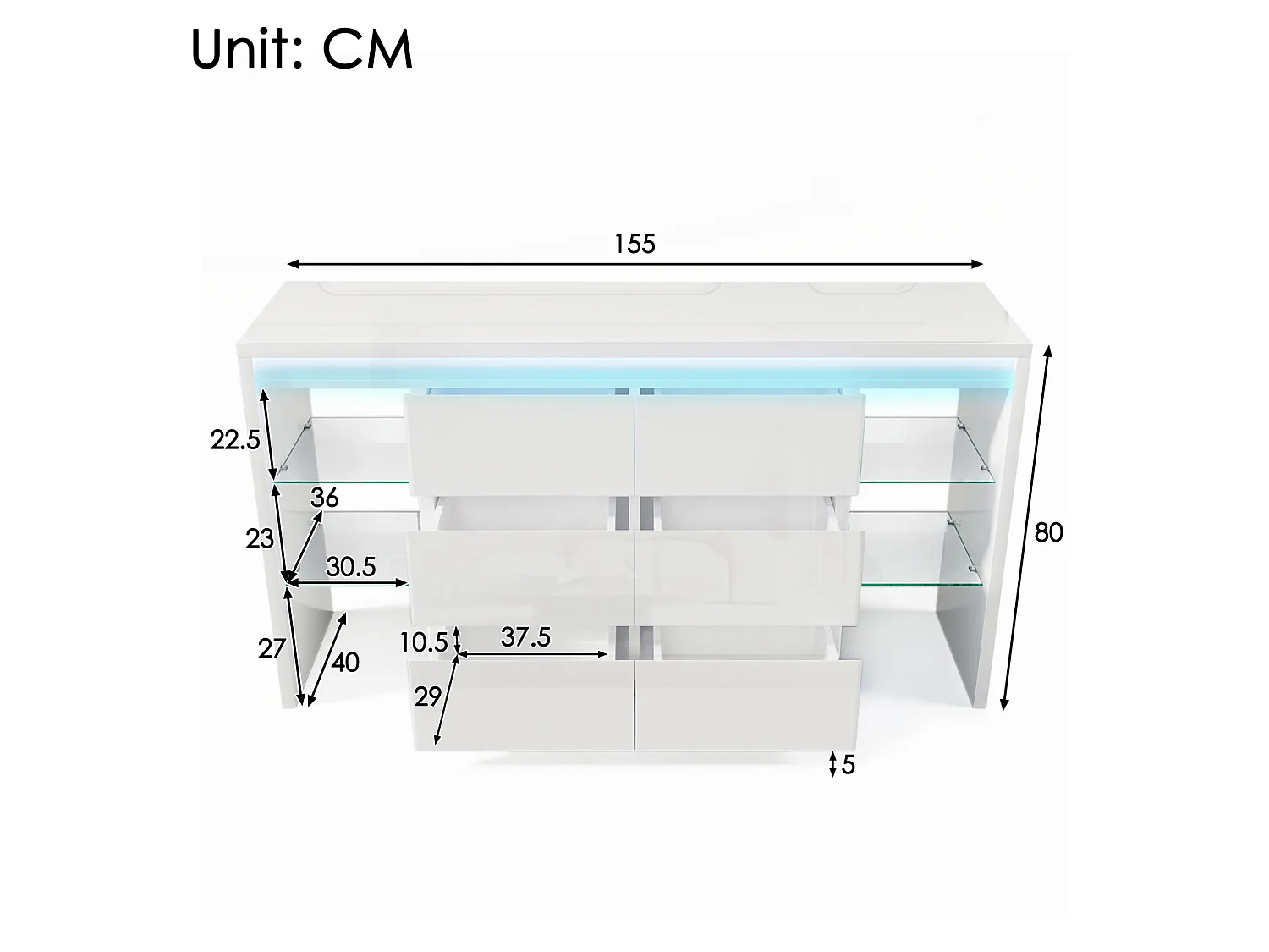 Hoogglanzende ladekast met ledverlichting, 6 laden en 4 glazen planken – Wit