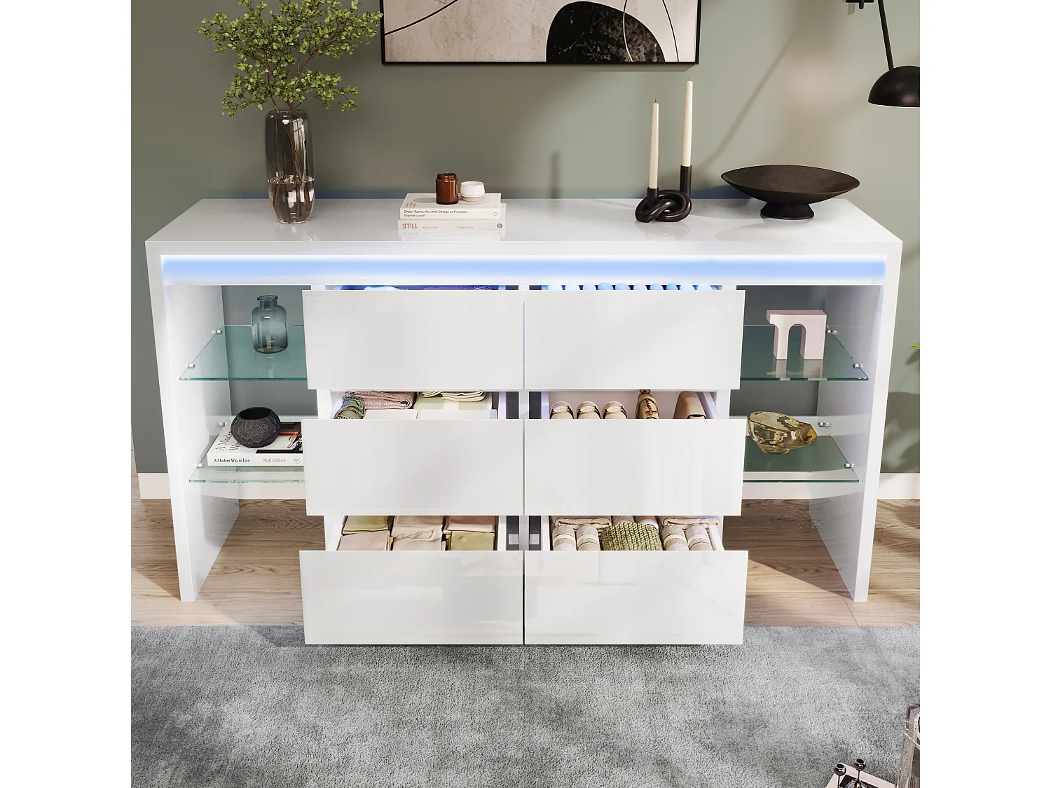 Hoogglanzende ladekast met ledverlichting, 6 laden en 4 glazen planken – Wit
