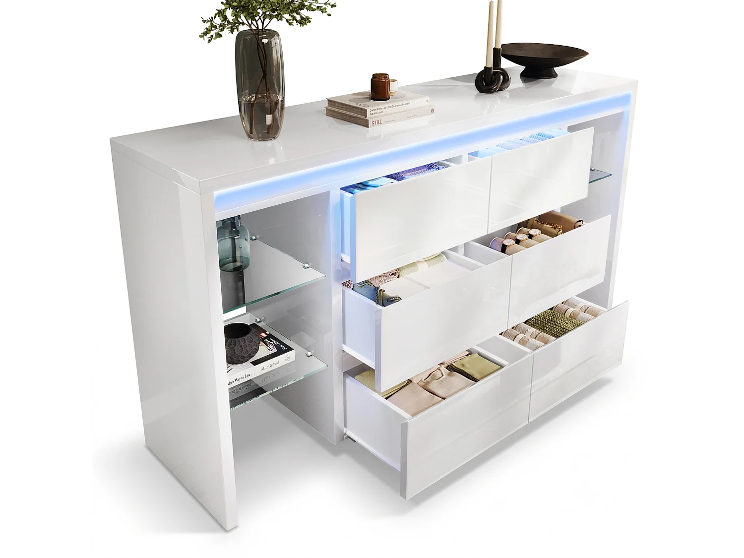 Hoogglanzende ladekast met ledverlichting, 6 laden en 4 glazen planken – Wit