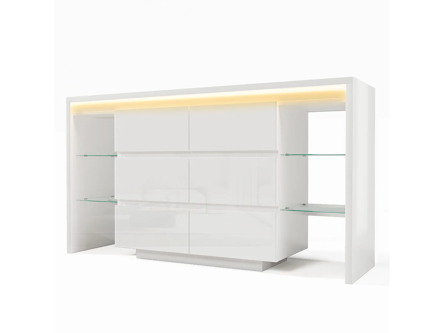 Hoogglanzende ladekast met ledverlichting, 6 laden en 4 glazen planken – Wit