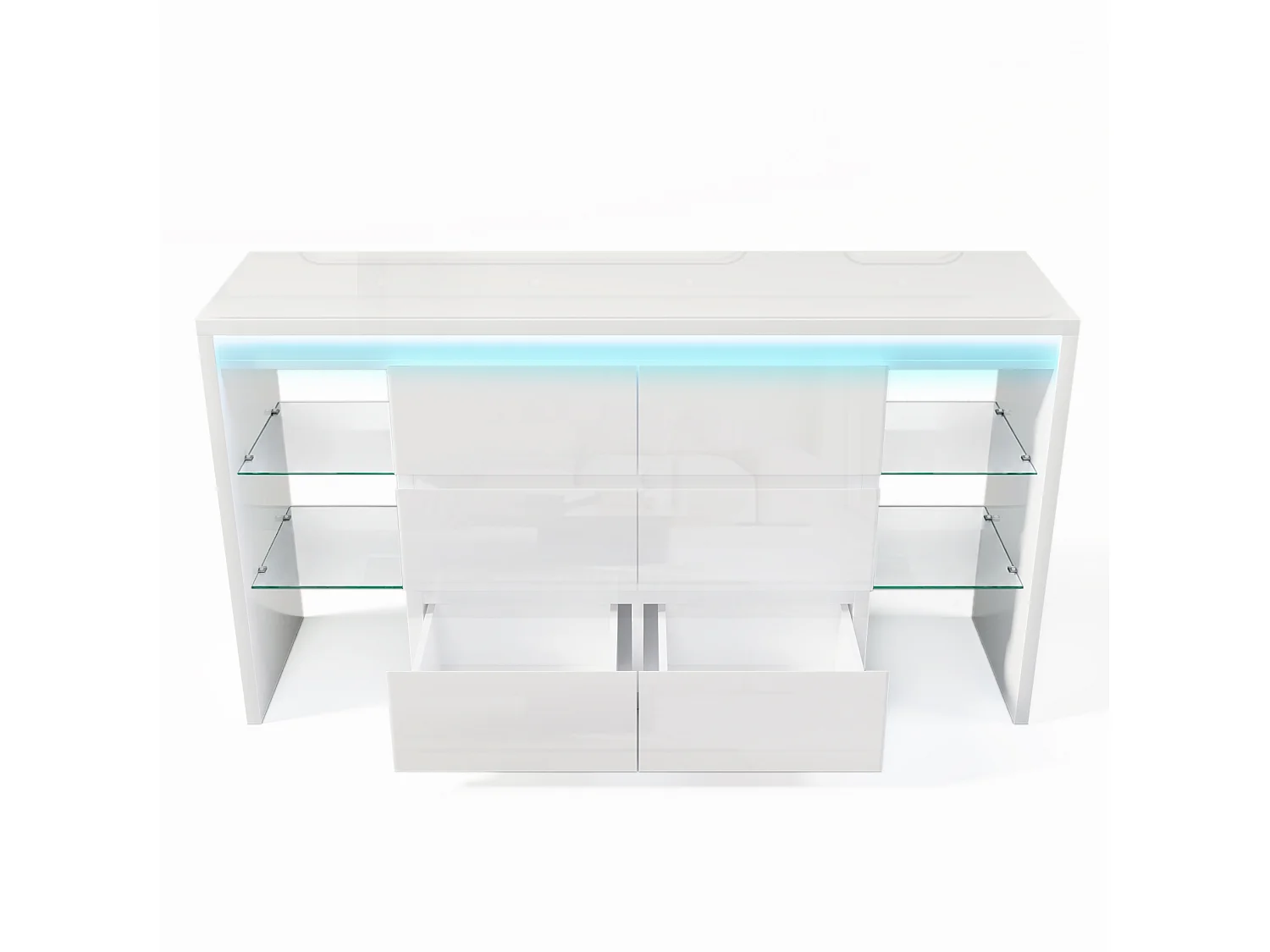 Hoogglanzende ladekast met ledverlichting, 6 laden en 4 glazen planken – Wit