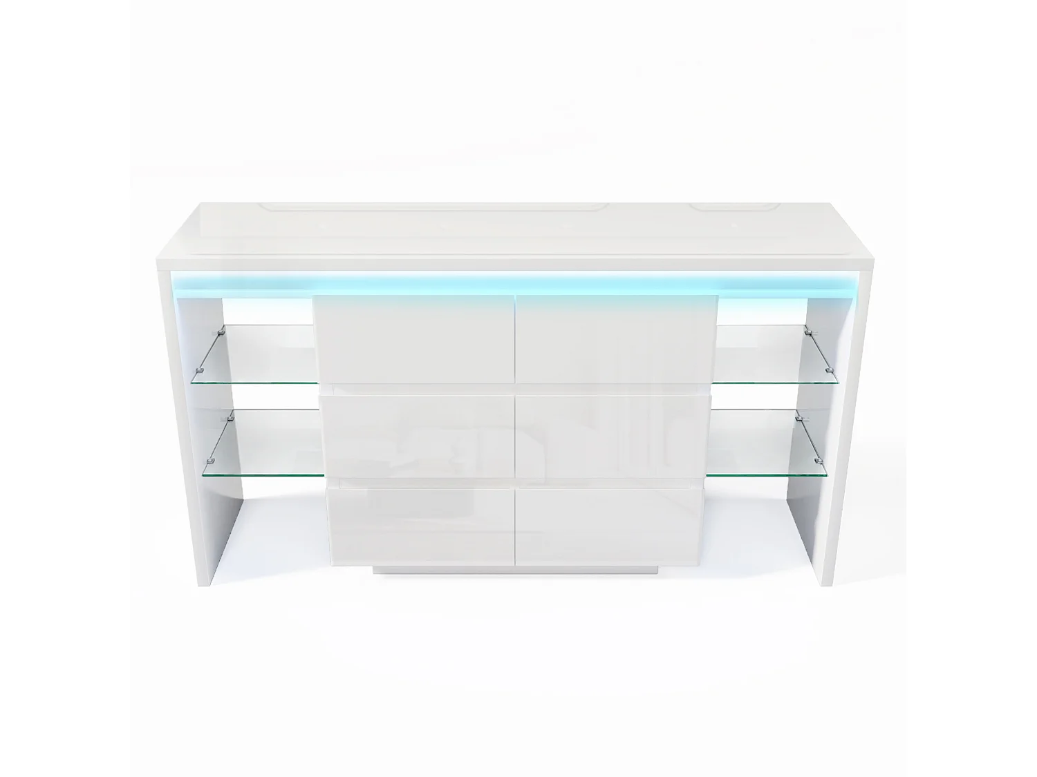 Hoogglanzende ladekast met ledverlichting, 6 laden en 4 glazen planken – Wit