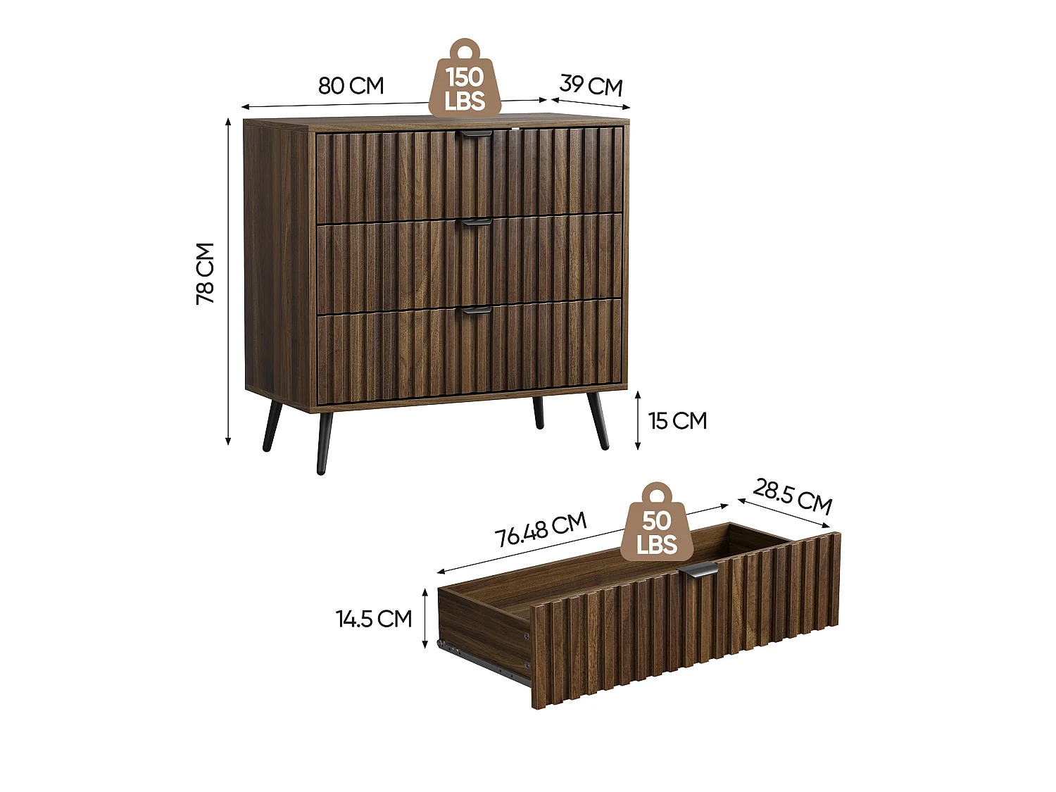Ladekast met 3 lades – Bruin, 80 x 39 x 78 cm