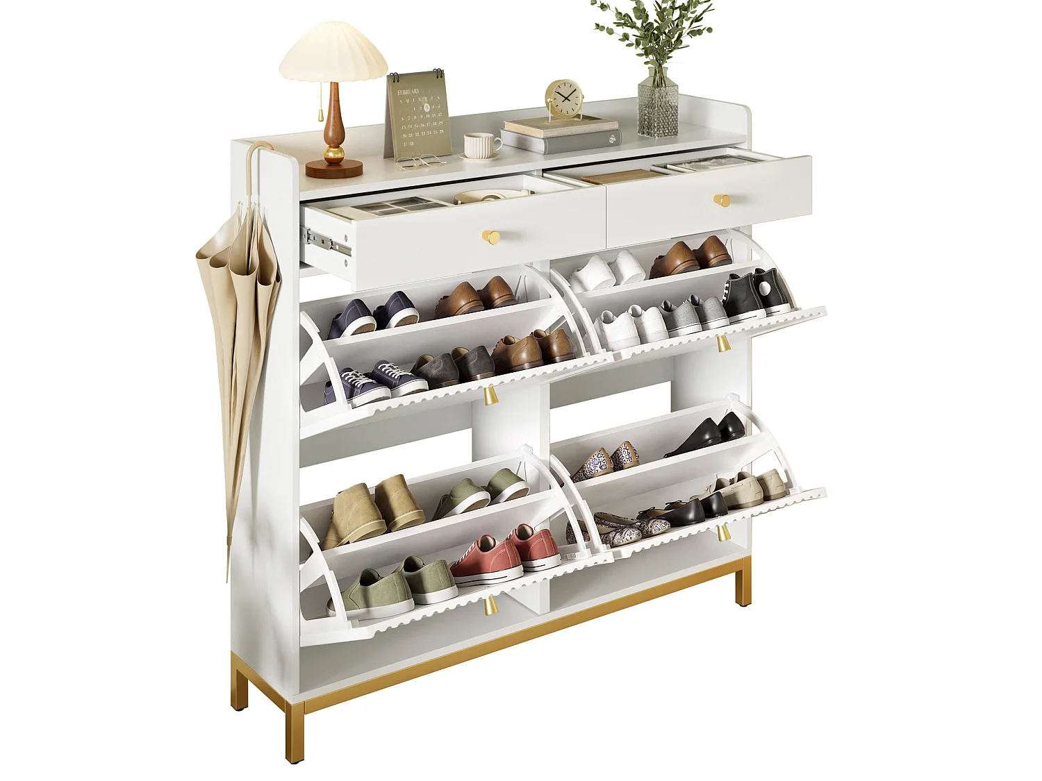 Meuble à chaussures avec 4 portes battantes et 2 tiroirs - Blanc