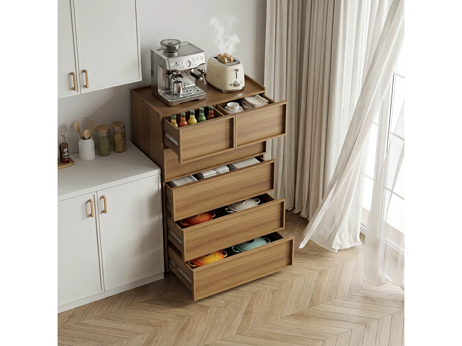 Ladekast met 6 lades - Donkere natuurlijke afwerking 80 x 48 x 127.5 cm