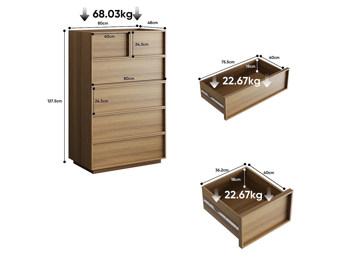Ladekast met 6 lades - Donkere natuurlijke afwerking 80 x 48 x 127.5 cm